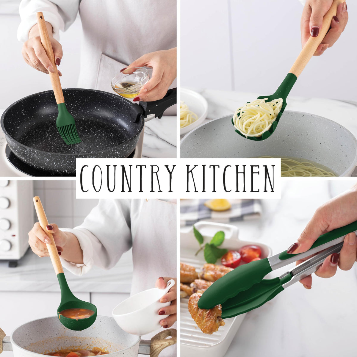 Country Kitchen rounded wood handles provide ergonomic grip during use