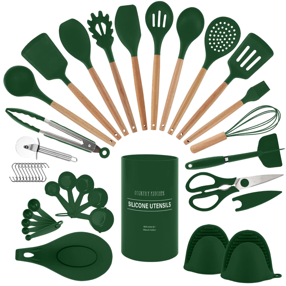 Country Kitchen non-stick silicone utensils with rounded wood handles protect cookware