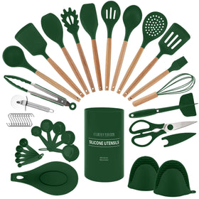 Country Kitchen non-stick silicone utensils with rounded wood handles protect cookware