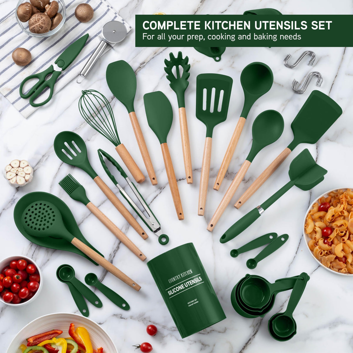 Country Kitchen silicone-top utensils with rounded wood handles for comfortable use