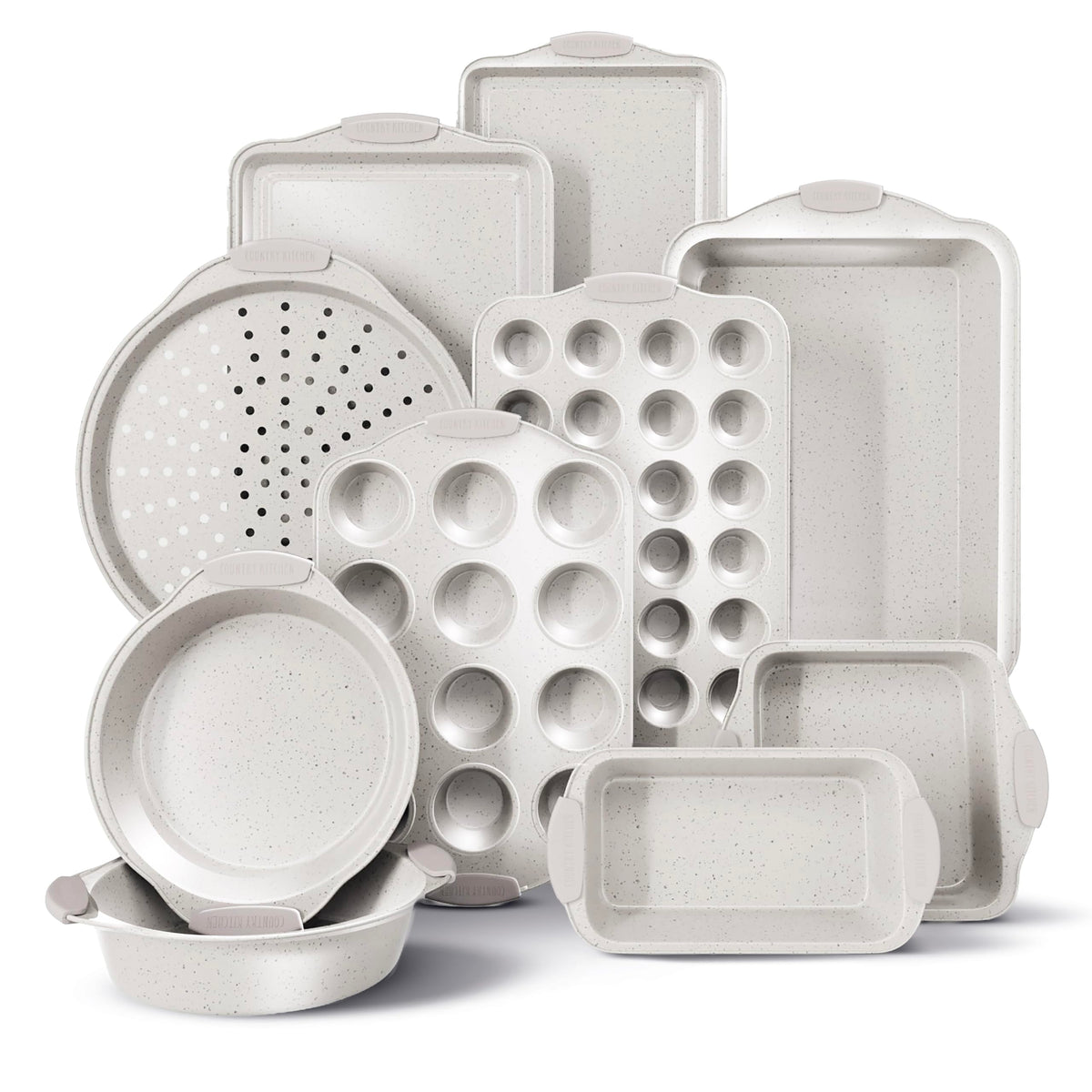 Country Kitchen nonstick stackable bakeware set saves cabinet space.
