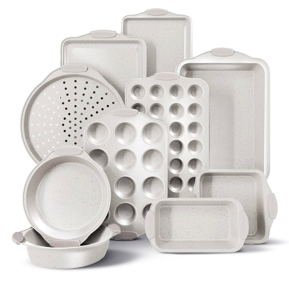 Country Kitchen nonstick stackable bakeware set saves cabinet space.
