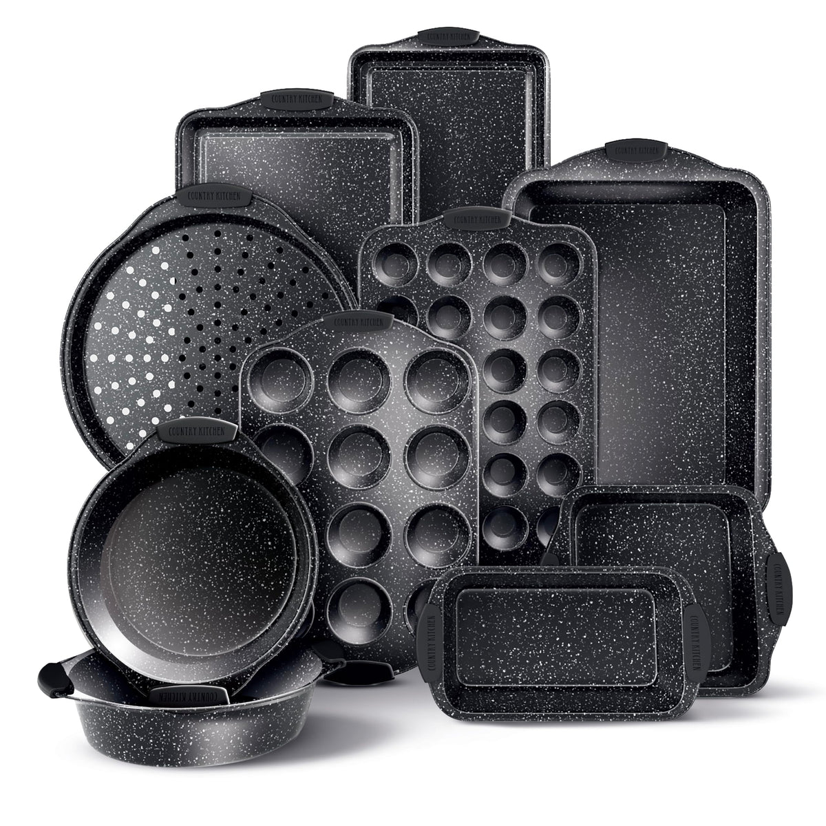 Country Kitchen nonstick stackable bakeware set shown stacked for compact storage and space saving.