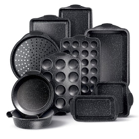 Country Kitchen nonstick stackable bakeware set shown stacked for compact storage and space saving.