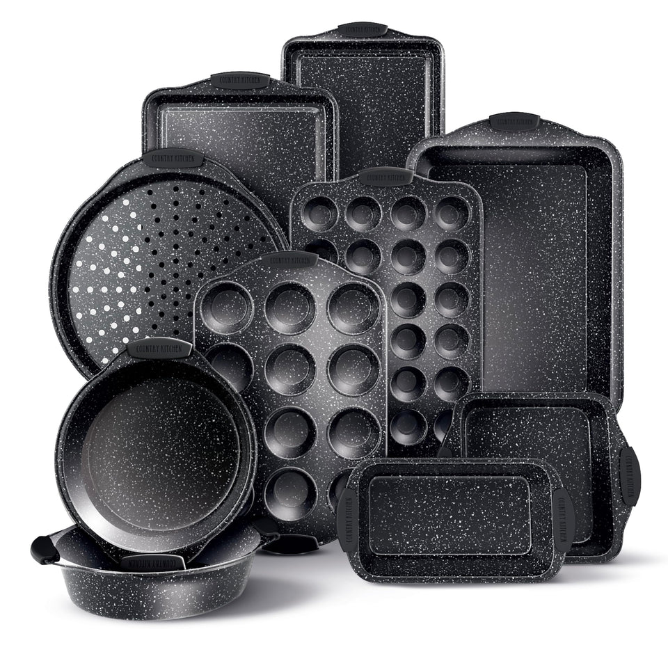 Country Kitchen nonstick stackable bakeware set shown stacked for compact storage and space saving.