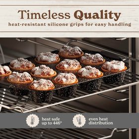 Country Kitchen bakeware with silicone handles for a secure, hot-oven grip.
