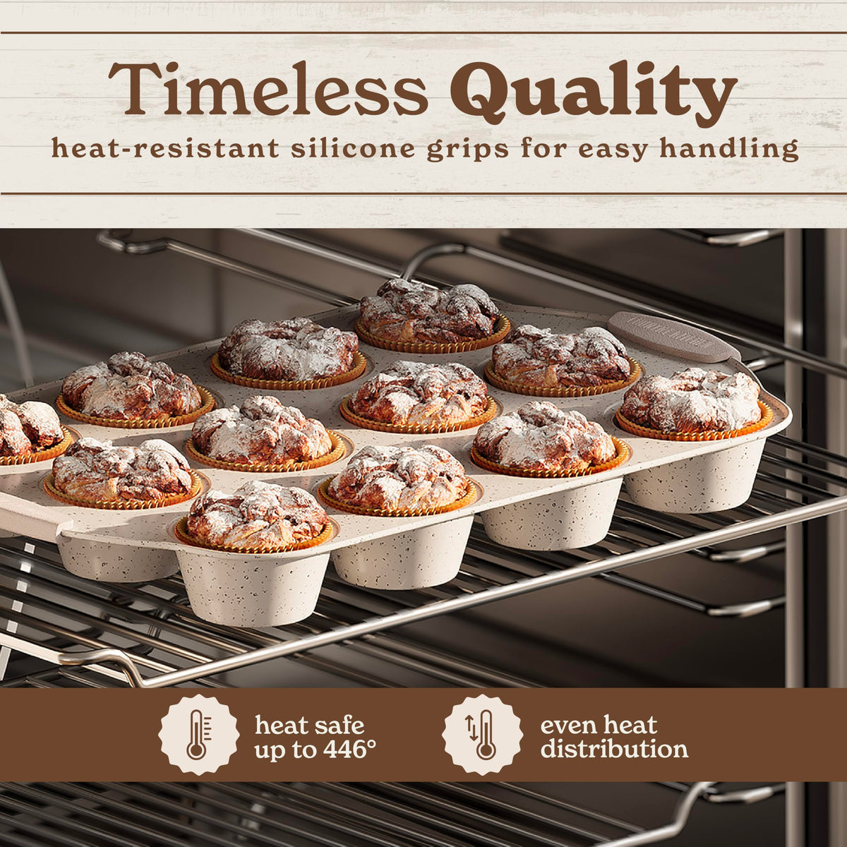 Country Kitchen bakeware with silicone handles for safe oven moves.