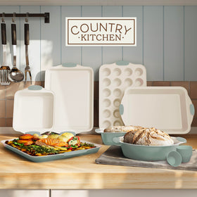 Country Kitchen silicone handles provide a secure grip for safe oven transfers.