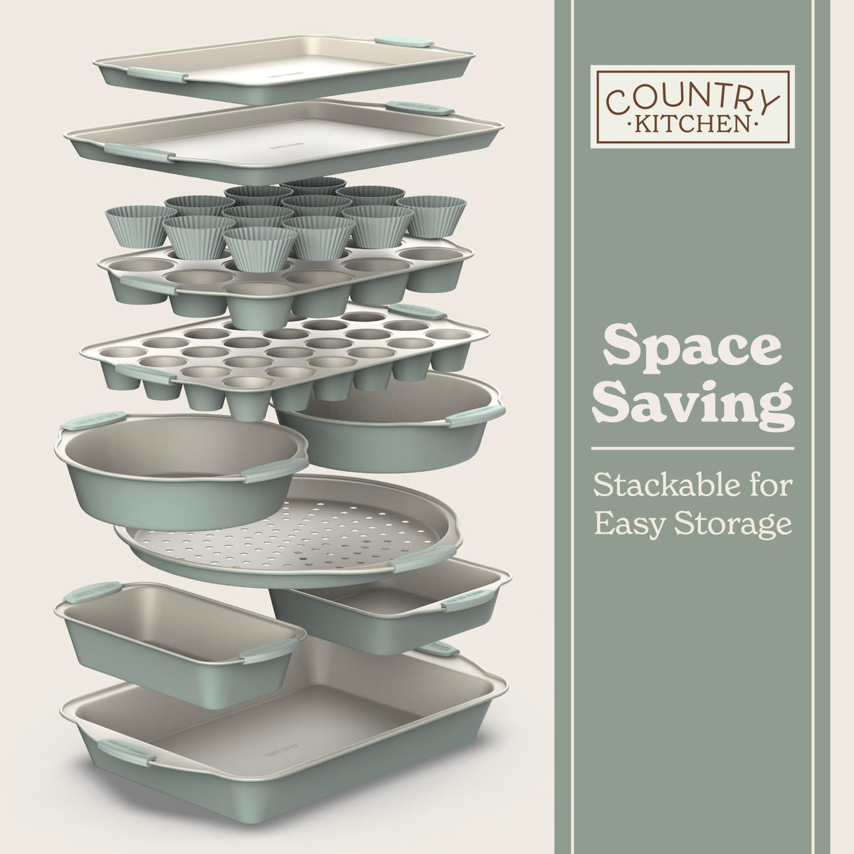 Country Kitchen space-saving bakeware keeps tools organized and within reach.