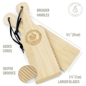 Country Trading Co gnocchi board with comfortable handle for steady rolling.
