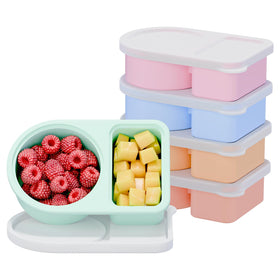 Coutnier 5-pack silicone snack containers with two compartments for organized lunches on the go.