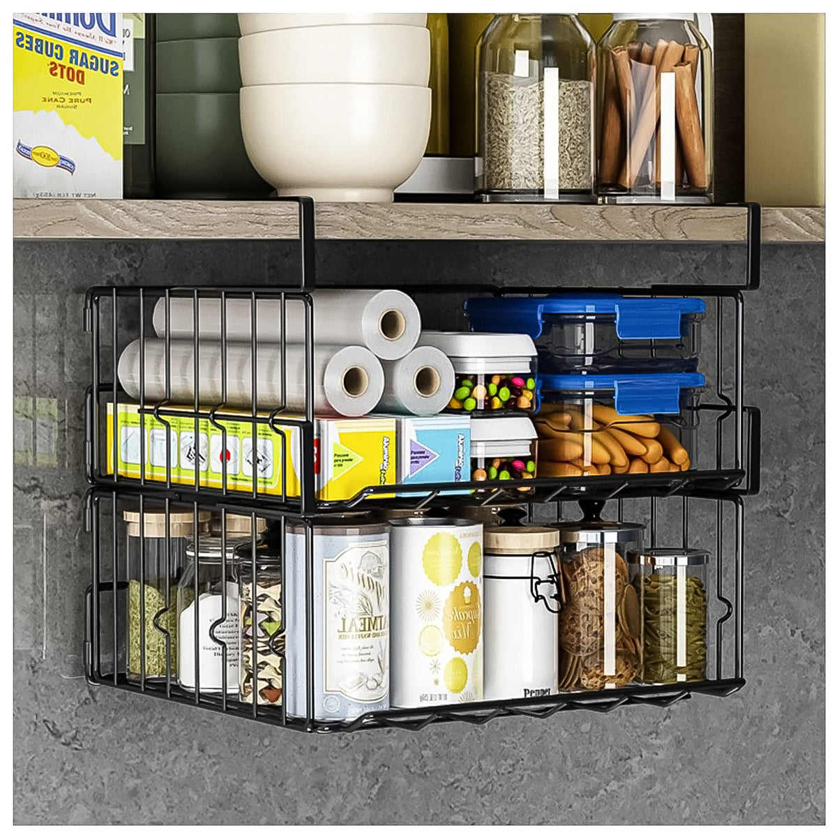 Couwilson under shelf basket 2-pack shown for extra under-cabinet storage.