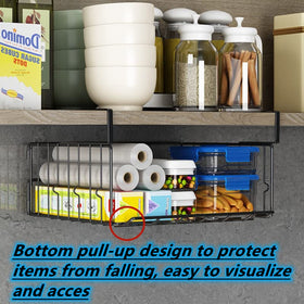 Couwilson under shelf basket bottom pull-up helps prevent items from falling.