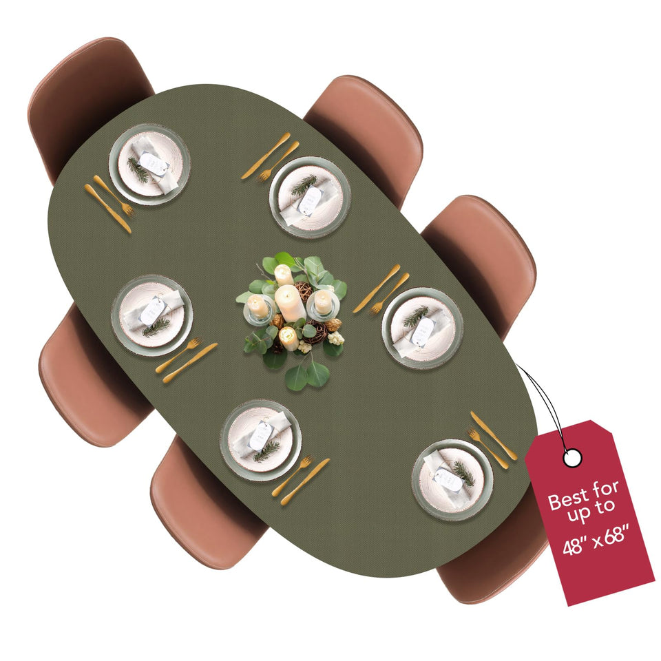 Covers For The Home basketweave green table cover on a table provides snug fit and protection