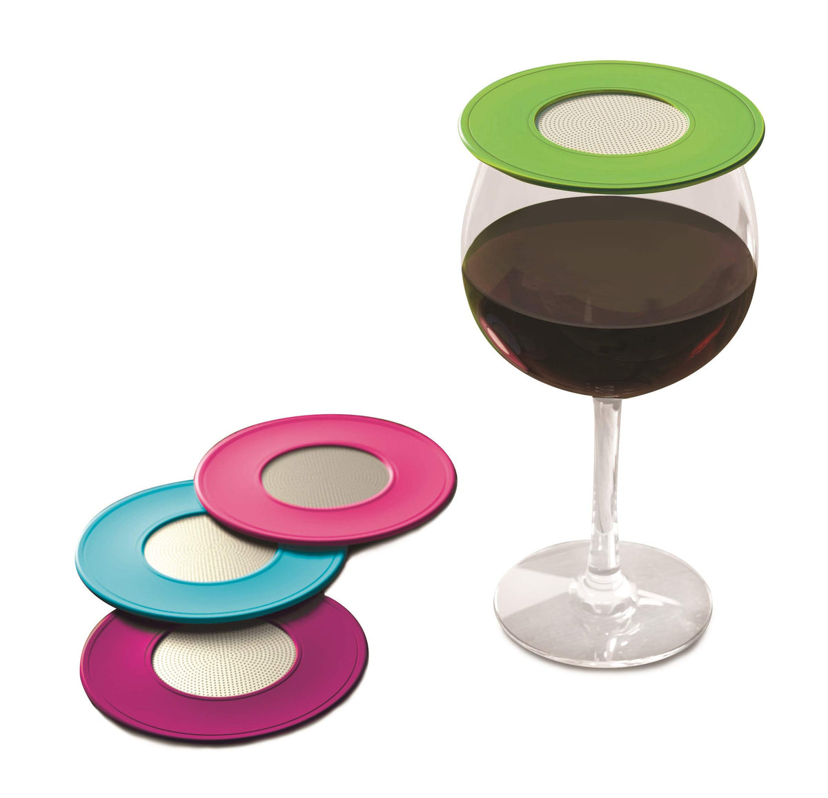 Coverware ventilated wine glass cover with weighted top keeps wine protected while breathing.
