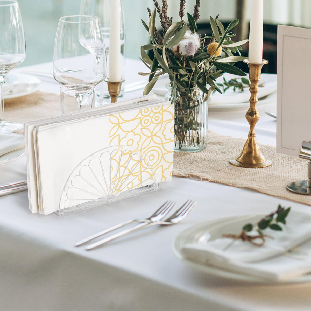Kitchen and dining area displaying Covzoe napkin holders in use