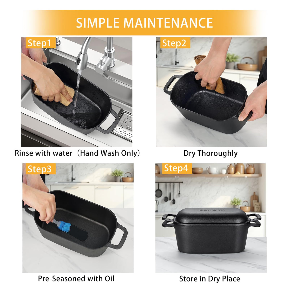 Coworm easy-care pan: hand-wash only and dry to prevent rust.