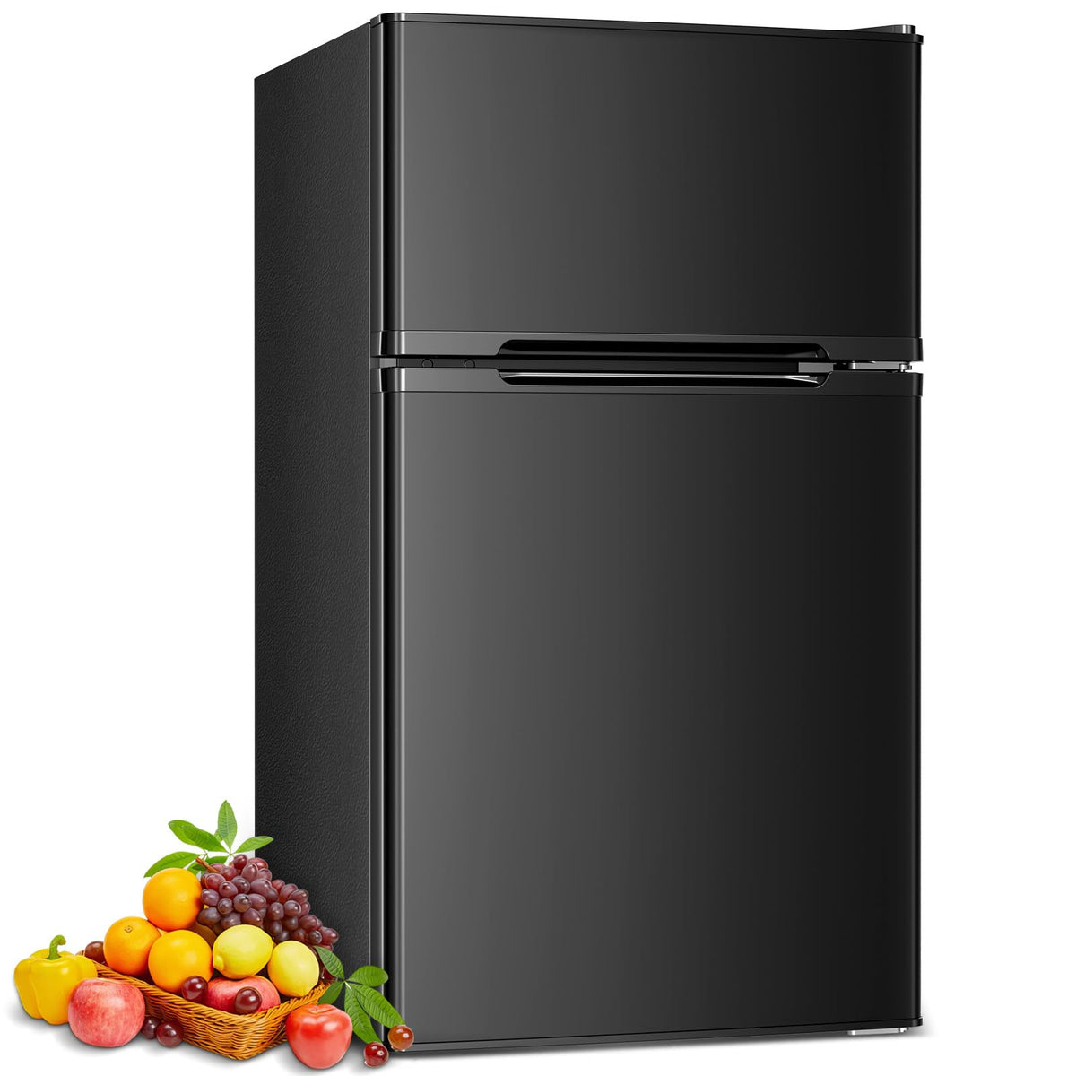 COWSAR 3.2 Cu Ft fridge with freezer front view showing ample frozen and fresh storage for snacks