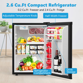 COWSAR compact fridge top hinge demonstrates reversible door orientation