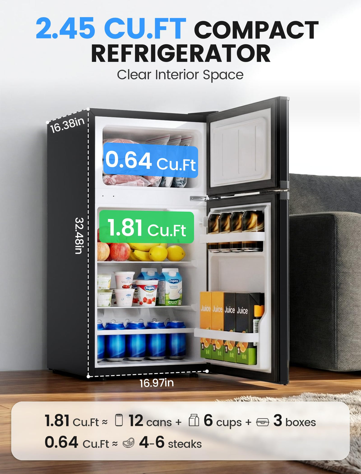 COWSAR dorm fridge door open reveals two removable glass shelves