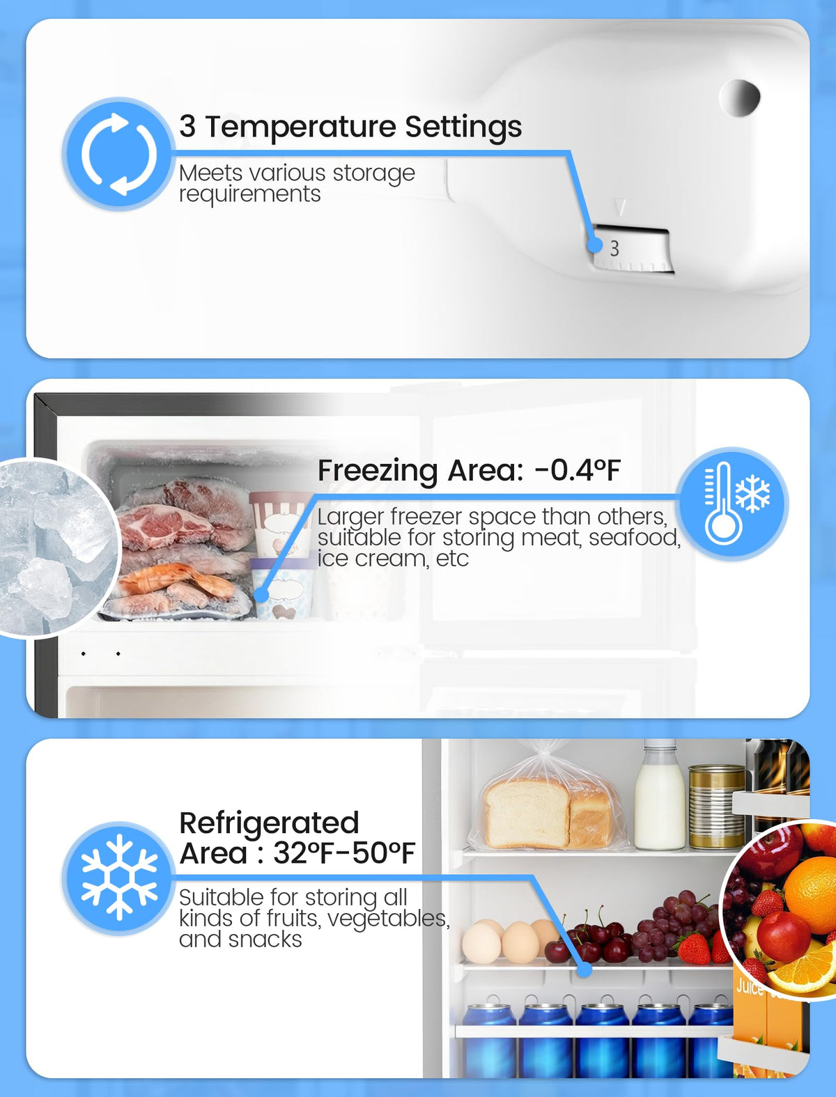 COWSAR dorm fridge thermostat control with three levels