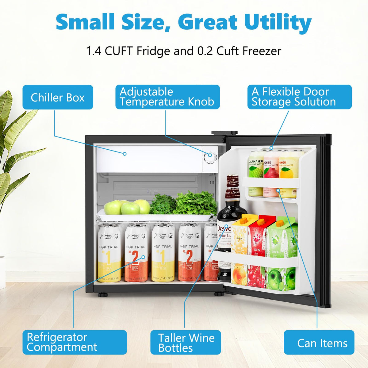 COWSAR dorm-office fridge with door open, showcasing accessible layout and beverage chamber.
