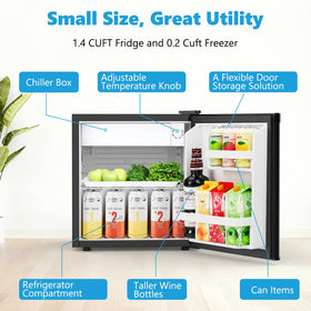 COWSAR dorm-office fridge with door open, showcasing accessible layout and beverage chamber.