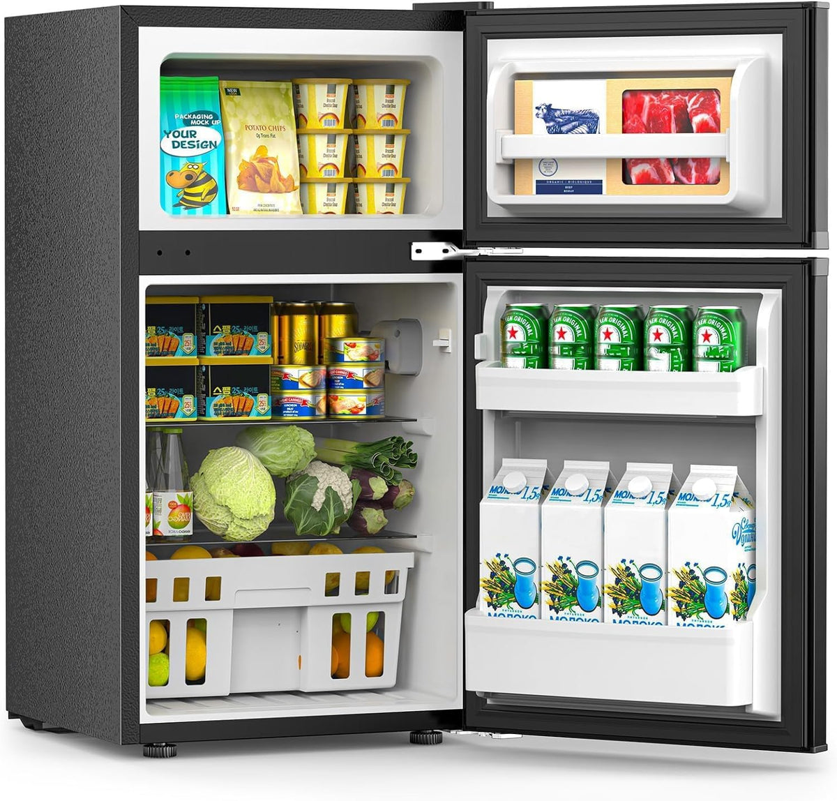 COWSAR mini fridge in a bedroom with double doors for easy access