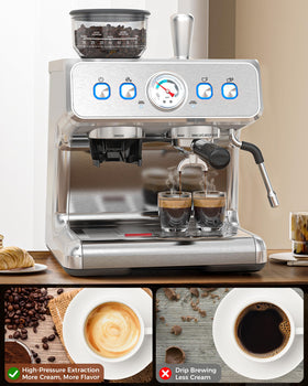COWSAR pre-infusion technology promotes balanced espresso extraction.
