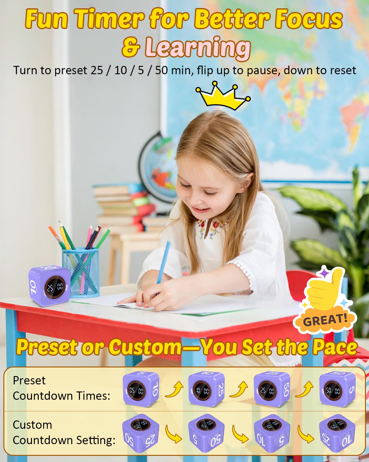 COWVTUJ timer cube shows 25-minute focus mode for studying.