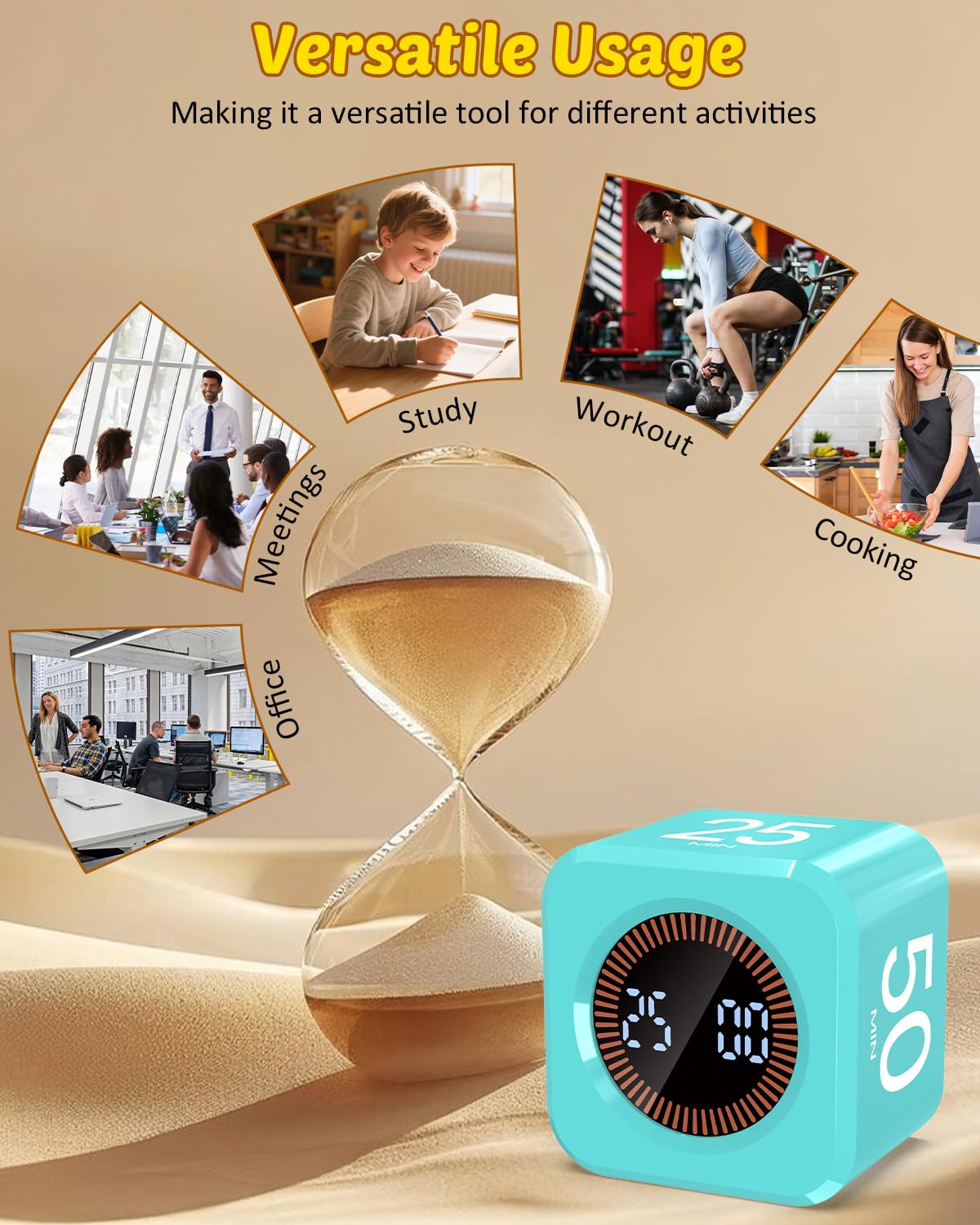 COWVTUJ mint green timer cube in action on a desk, aiding focus.