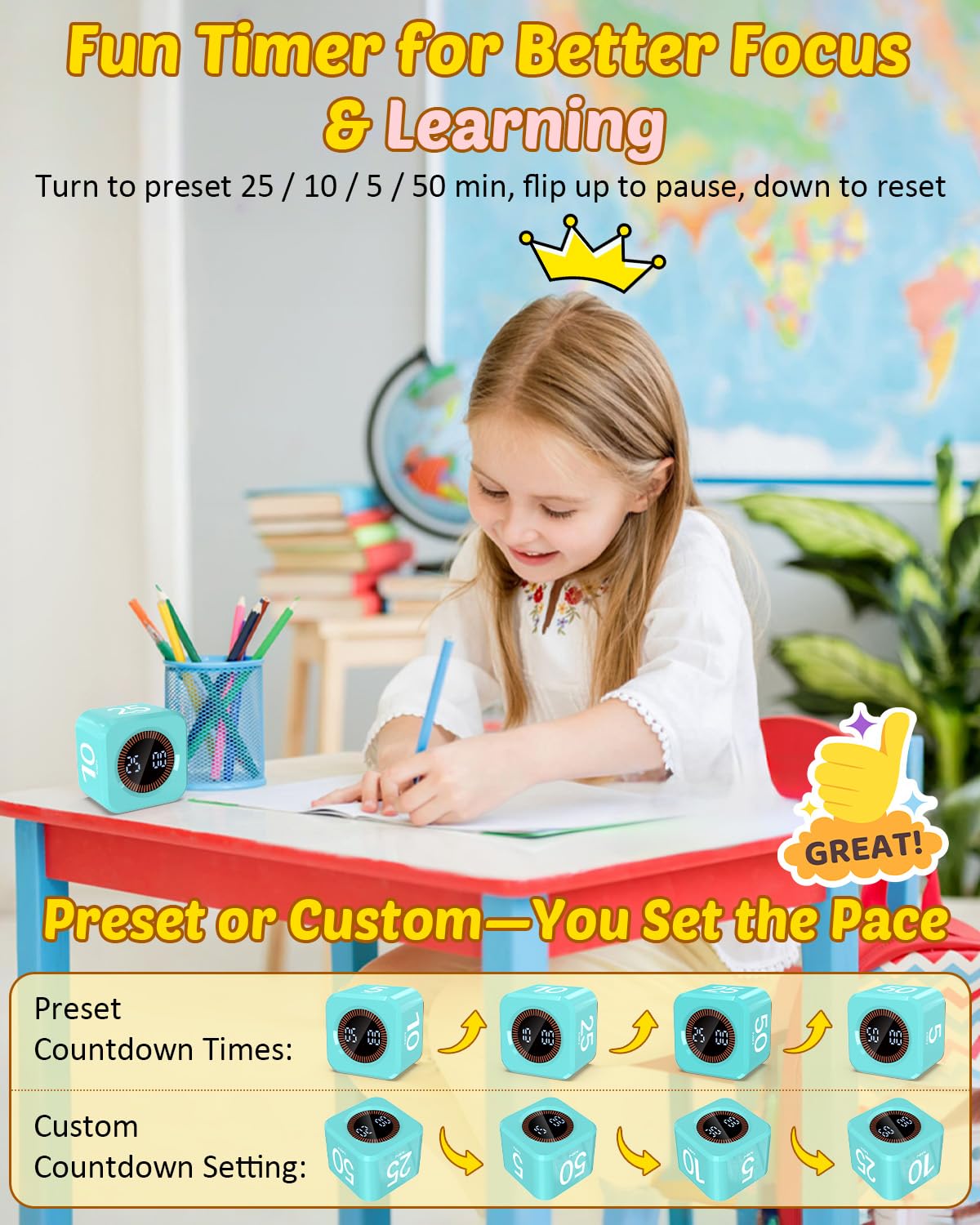 COWVTUJ timer cube LED display showing countdown and visuals for awareness.