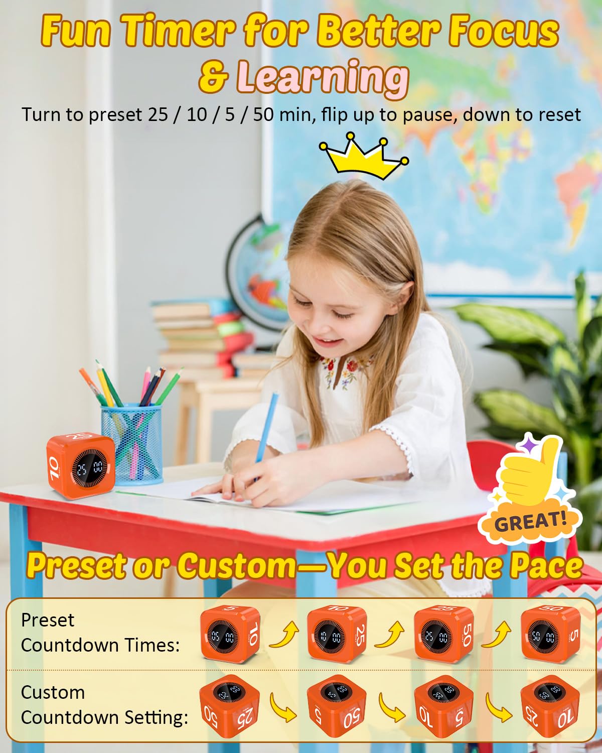 COWVTUJ timer cube orange flip action enables quick start for tasks.