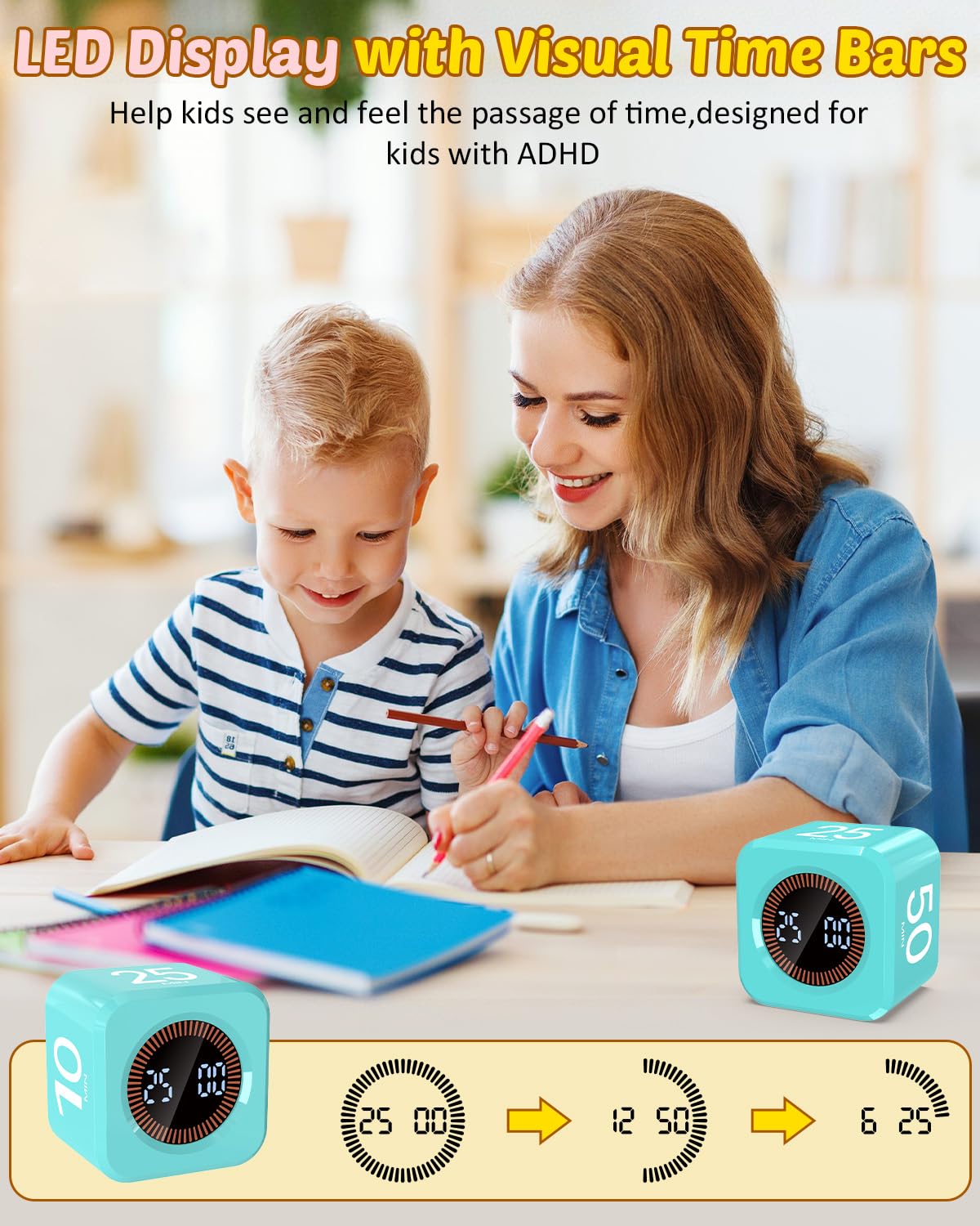 Mint green timer cube in classroom use for focused learning sessions.