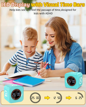 Mint green timer cube in classroom use for focused learning sessions.