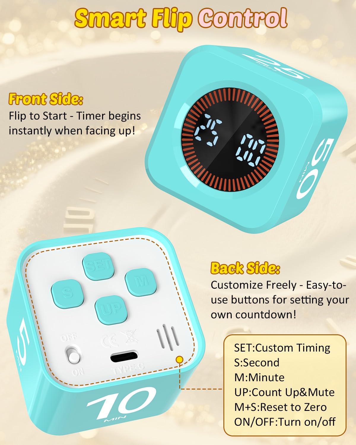 COWVTUJ compact timer cube charging via USB-C for portability.