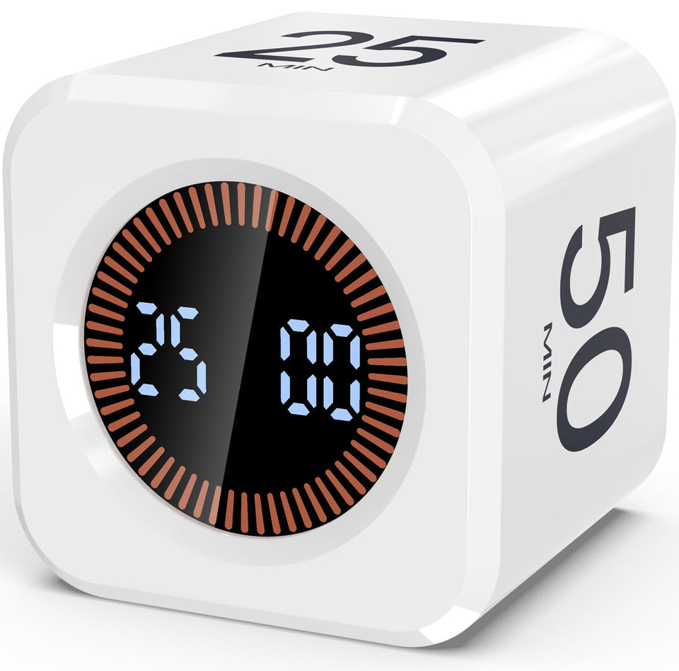 COWVTUJ Pomodoro Cube displays a 5-minute timer for quick focus sessions