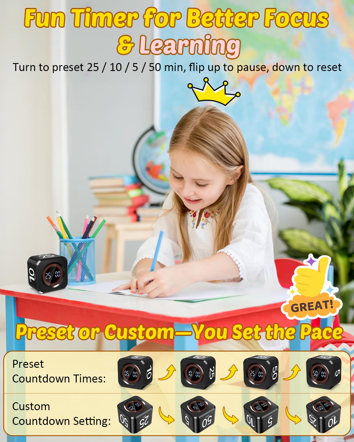 COWVTUJ Pomodoro Timer Cube being flipped to start for easy use.