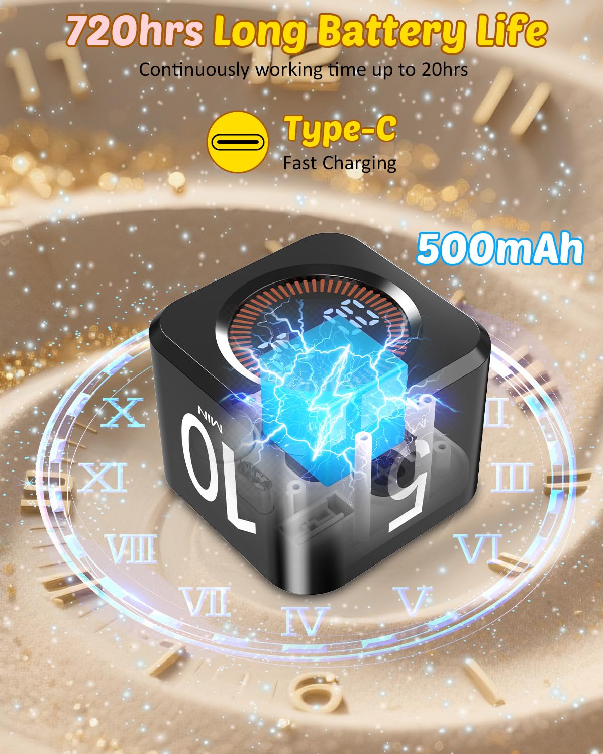 COWVTUJ Pomodoro Timer Cube USB-C charging for on-the-go power.