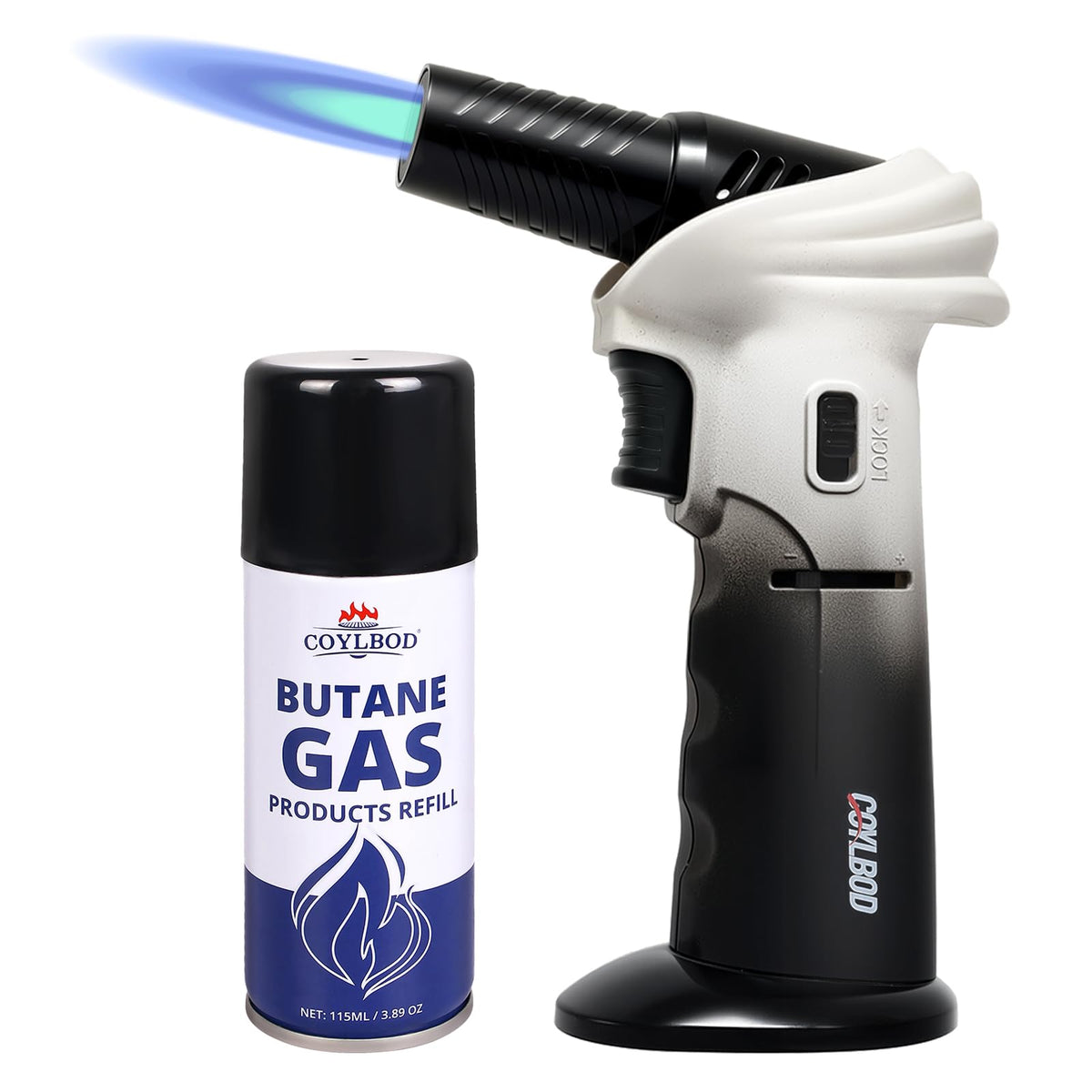 CoYlBod butane torch front view with included refill for precise culinary finishing.