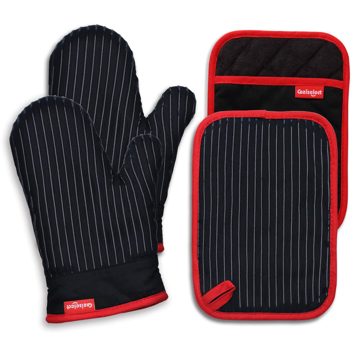 Coziselect oven mitts set heat-resistant for safe handling of hot pans.