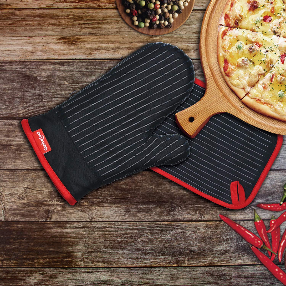 Coziselect pot holders cotton-silicone provide a secure non-slip grip.
