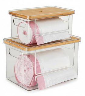 COZYCRAZE 2-pack stackable trash bag dispenser under-sink with wooden top keeps bags ready.
