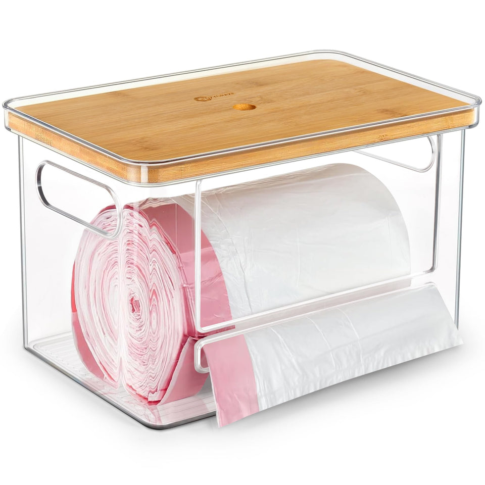 COZYCRAZE stackable trash bag dispenser with wooden top keeps bags organized and ready.
