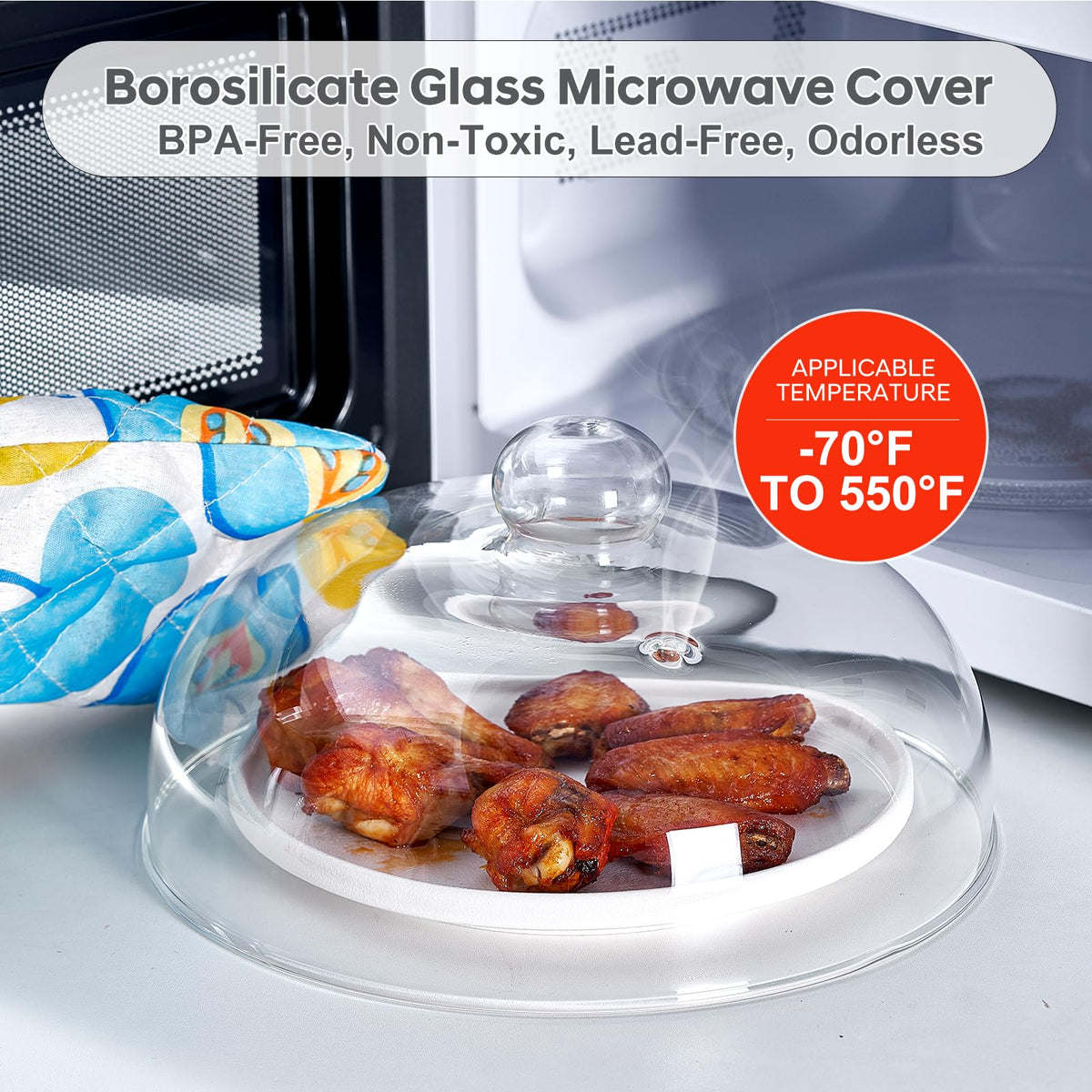 CozyState glass splatter cover with handle, easy safe lift from hot bowls.