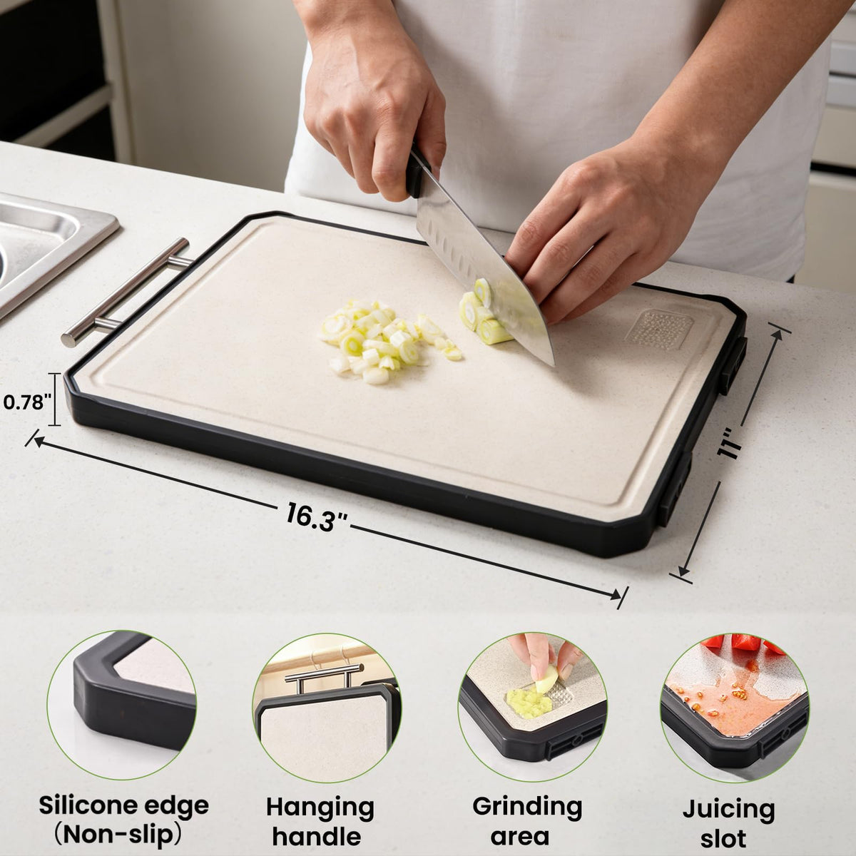 COZZIVITA titanium cutting board with juice groove visible