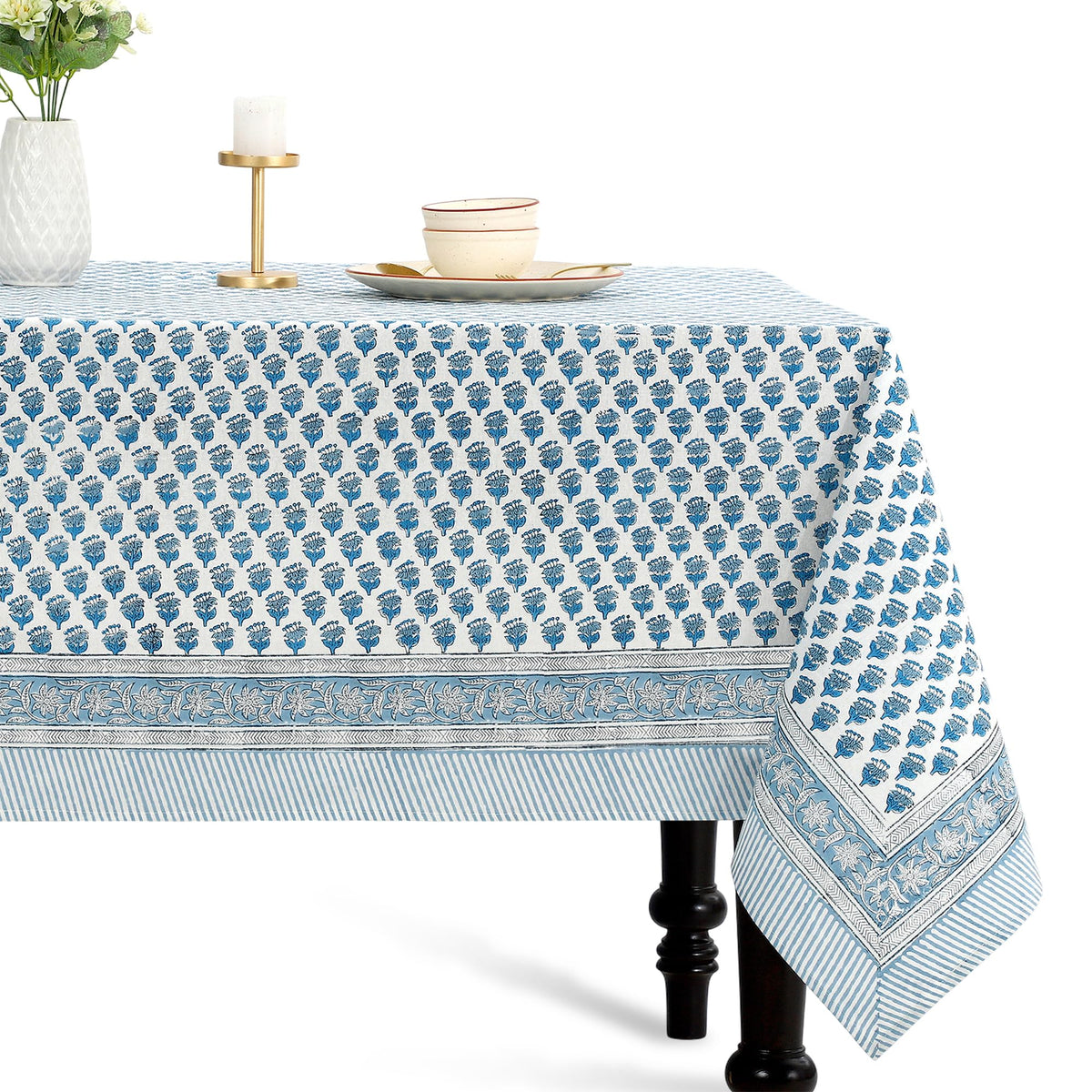 CPC Cotton Print Club tablecloth 60x60 Apatite blue floral, ideal for weddings.