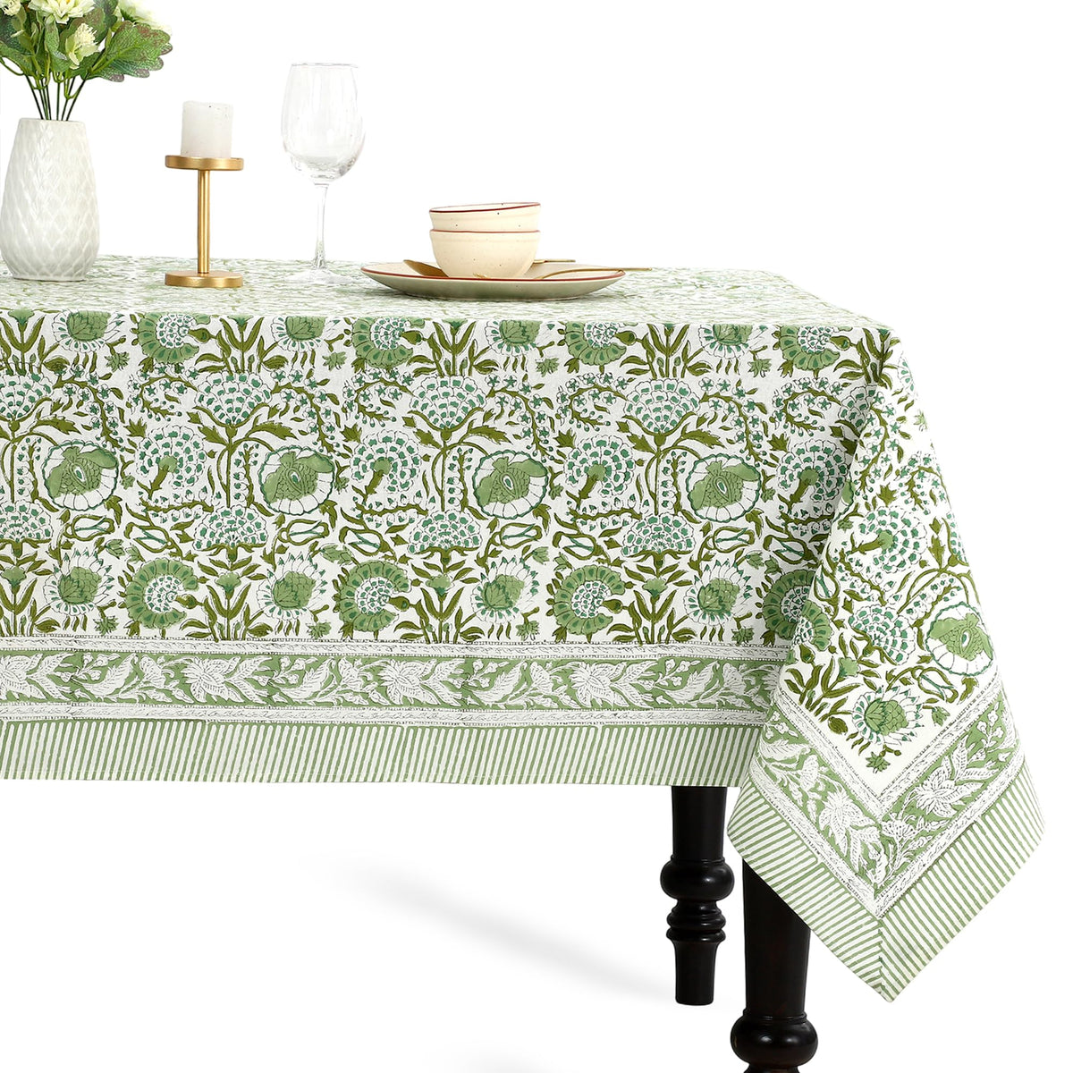 CPC Tablecloth Agate Green 60x90 rectangle with vibrant hand-stamped print for elegant gatherings