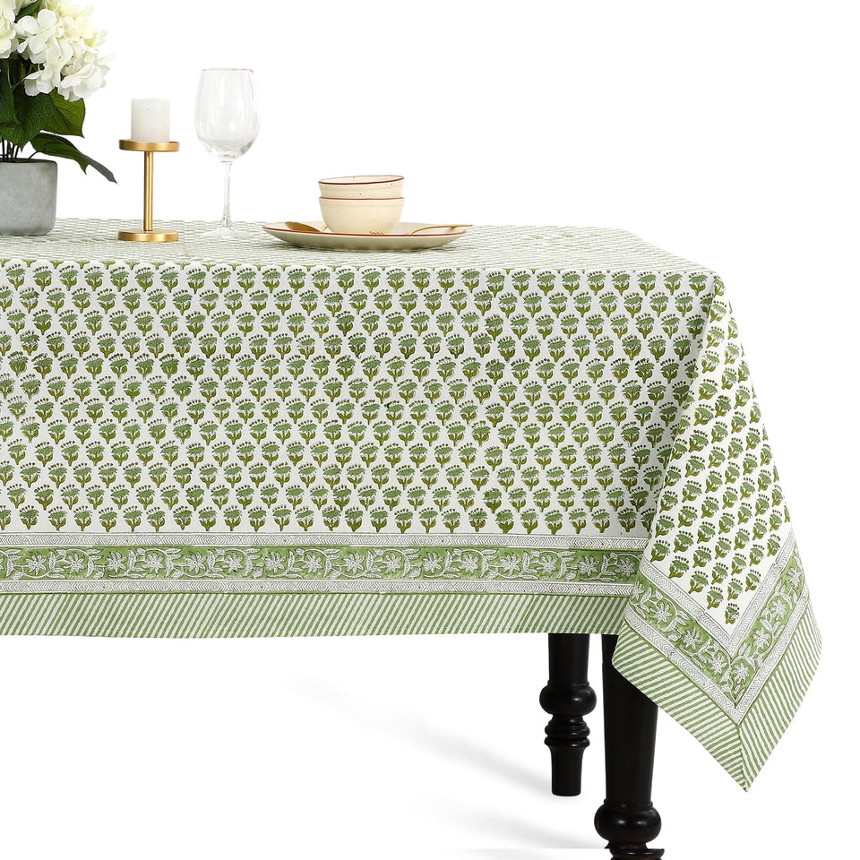 CPC Tablecloth emerald green block print close-up showing natural cotton texture and durability.