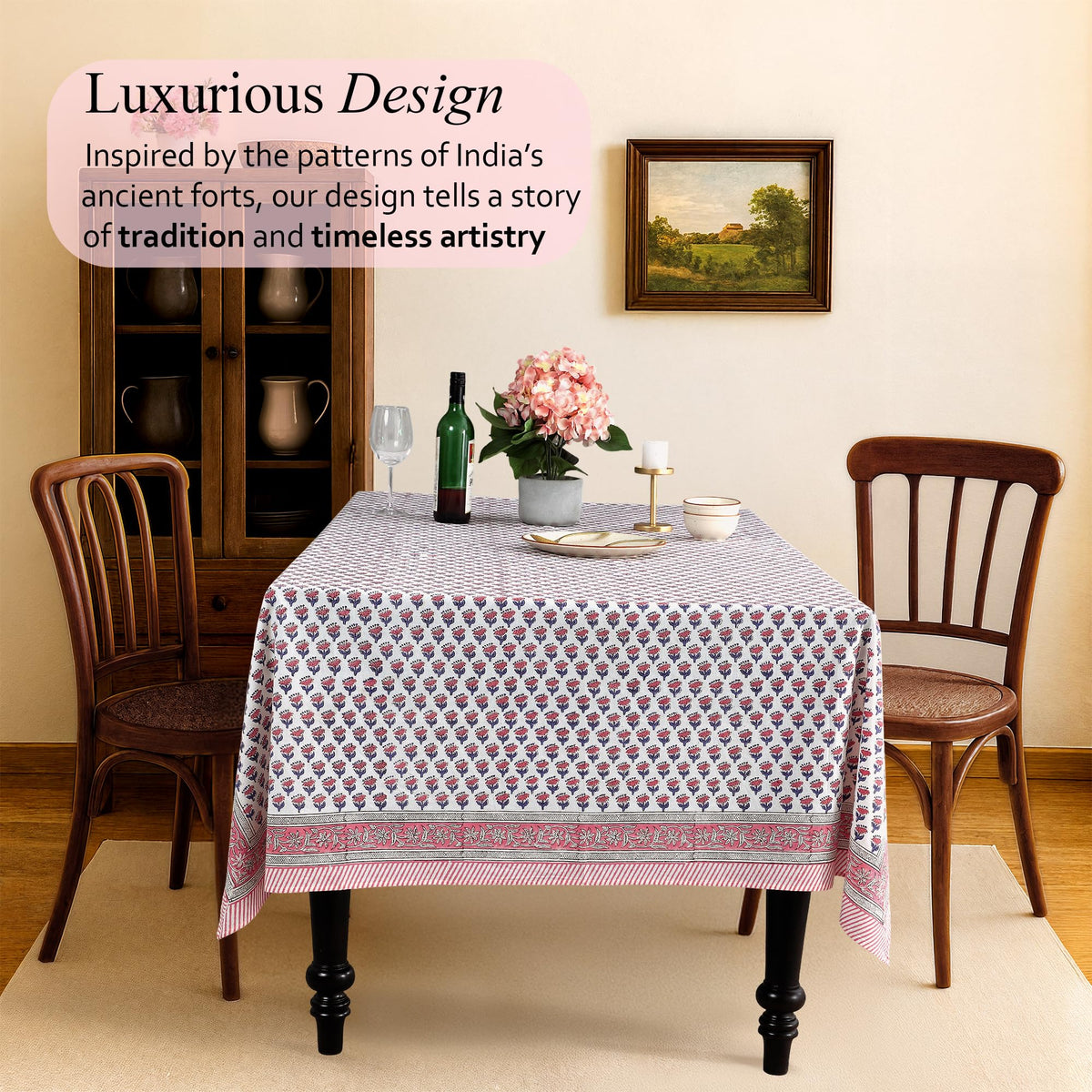 CPC hand-stamped Indian block print highlights artisanal craft on table décor.